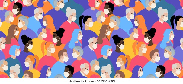 Many different ages and nationatily people in medical face mask seamless pattern. Quarantine, stop coronavirus epidemic design concept. Vector illustration