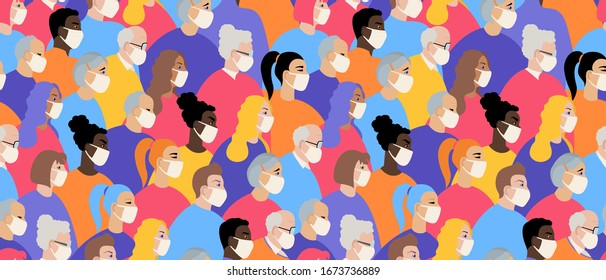 Many different ages and nationatily people in medical face mask seamless pattern. Quarantine, stop coronavirus epidemic design concept. Vector illustration