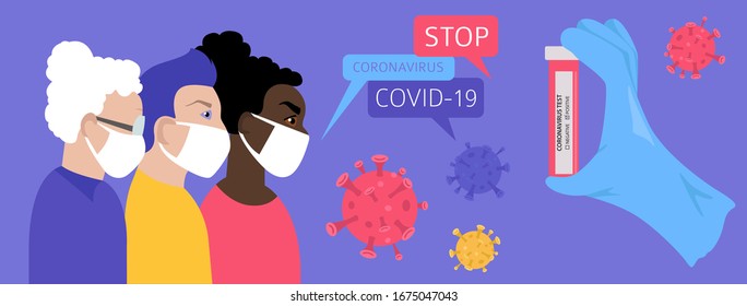Many different ages and nationatily people in medical face mask. Quarantine, stop coronavirus epidemic design concept. Vector illustration