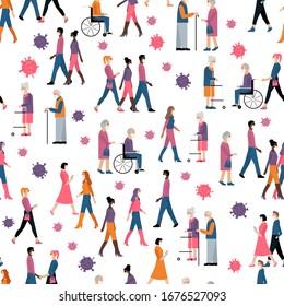 Many different ages and nationatily people in medical face mask. Quarantine, stop coronavirus epidemic design concept. Vector illustration