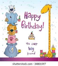 many different animals congratulate a giraffe on a birthday illustration