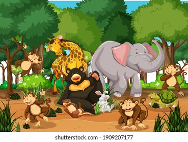 Many different animals in the forest scene illustration