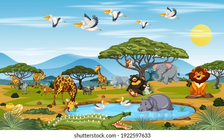 Many different animals in the forest scene illustration