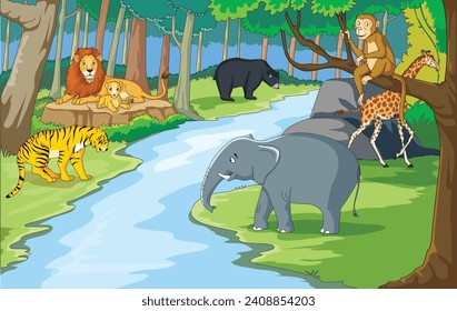 Many Different Animals in the Forest Scene Vector Illustration