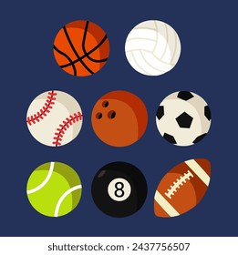 many different balls vector flat design symbol. clean simple set or collection group sports game illustration isolated. Volleyball, basketball, soccer, snooker, bowling, baseball and tennis icons art