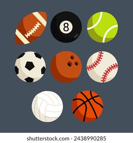 many different balls vector flat design symbol. clean simple set or collection group sports game illustration isolated. Volleyball, basketball, soccer, snooker, bowling, baseball and tennis icons art