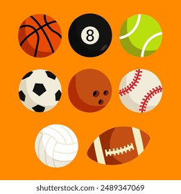 muchas bolas diferentes Vector plano diseño símbolo. limpio conjunto simple o colección grupo de deportes juego ilustración aislado. Voleibol, baloncesto, fútbol, snooker, bolos, béisbol y tenis iconos de arte