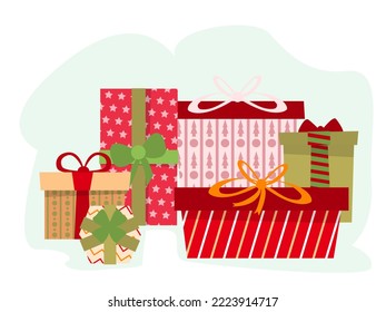 Many different beautiful gift boxes on white background, illustration