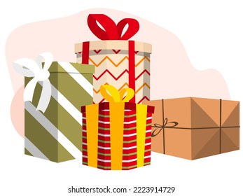 Many different beautiful gift boxes on white background, illustration