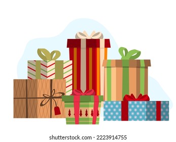 Many different beautiful gift boxes on white background, illustration