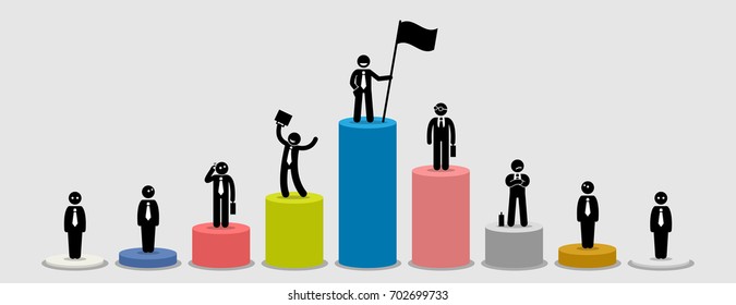 Many different businessman standing on bar charts comparing their financial status. Artwork illustration depicts market leader, big and small players, comparison and wealth in the business world. 