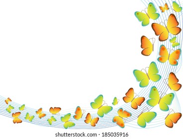 Many different butterflies flying, on curves background vector illustration