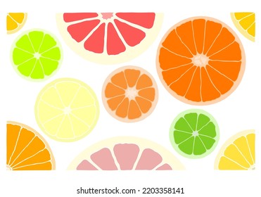 Many different citrus fruits in a cut as a background, texture, pattern. Orange, grapefruit, lemon, tangerine, lime in doodle style.