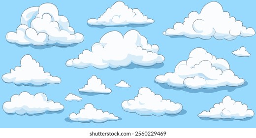 Many different clouds collection in blue sky. Summer holiday fresh sunny weather with clouds cartoon drawing. White and blue vector illustration