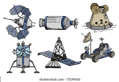 many different color spacecrafts, doodle vector