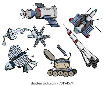 many different color spacecrafts, doodle vector