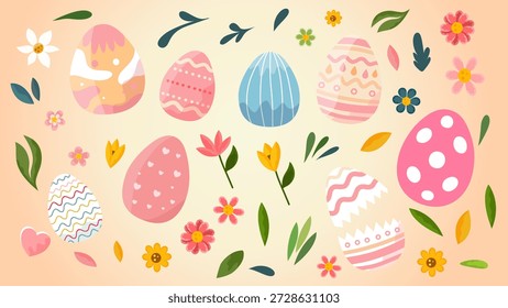 Muchos huevos de diferentes colores esparcidos entre flores amarillas y rosadas en beige