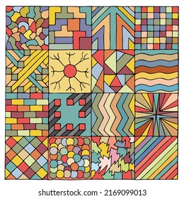 Many different, colorful patterns, backgrounds, textures, wallpapers. Doodle. Hand Drawn. Freehand drawing.	