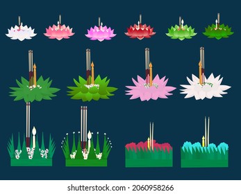 Many different colors of krathongs