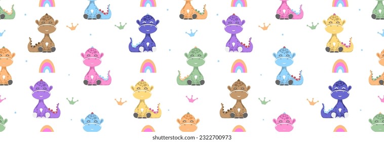 Many different dinosaurs and bright rainbow, seamless pattern. Wallpaper or gift wrapping.