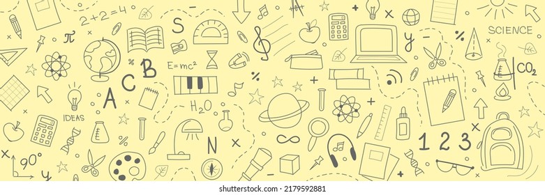 Many different drawings on color background. Back to school