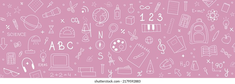 Many different drawings on color background. Back to school