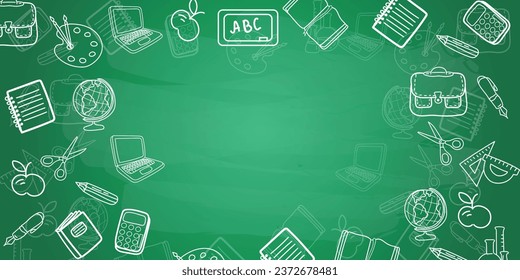 Many different drawings on green chalkboard. Banner for design
