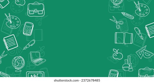 Many different drawings on green chalkboard. Banner for design