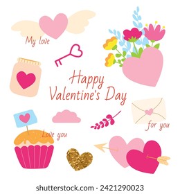 Many different elements, patterns on a white background. Love collection for Valentine's Day. Word and heart.