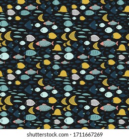 many different exotic fish, sea ocean seamless pattern, cartoon vector illustration 