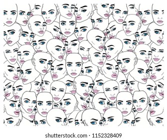 Many different  female faces in background