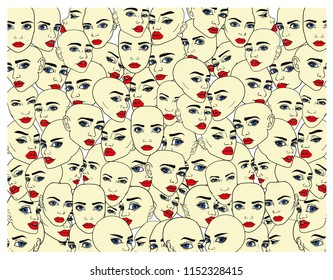 Many different  female faces in background