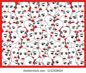 Many different  female faces in background