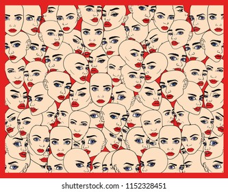 Many different  female faces in background