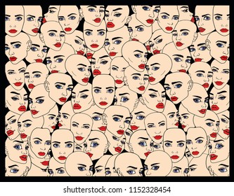 Many different  female faces in background