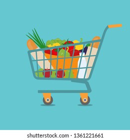 Many different foods in a grocery cart on a blue background. Vector illustration