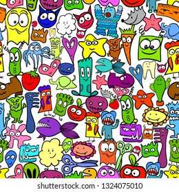 Many different funny animals and monsters. Seamless background