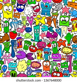 Many different funny animals and monsters. Seamless background