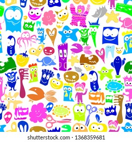 Many different funny animals and monsters. Seamless background