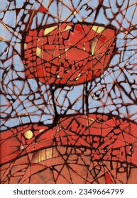 Many different geometric shapes in red, yellow and blue color
