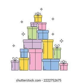 Muchas cajas de regalo diferentes hechas en forma de un árbol de Navidad o una pirámide.