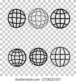  Viele verschiedene Globusformen. Weltkugel-Symbole. Moderne Vektorgrafik. WWW-Symbol. Weltweite internationale Erdkugel Symbol Vektorgrafik. Globale Netzwerkverbindung.