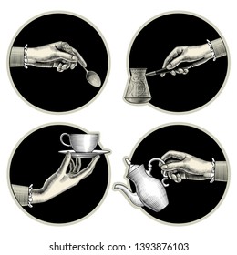 Many different hands held up holding a cup of coffee, coffee spoon, coffee pot, arabic Turk. Coffee concept. Vintage engraving stylized drawing. Vector illustration