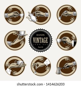 Many different hands held up holding a cup of coffee, coffee spoon, coffee pot, arabic Turk. Coffee concept. Vintage engraving stylized drawing. Vector illustration