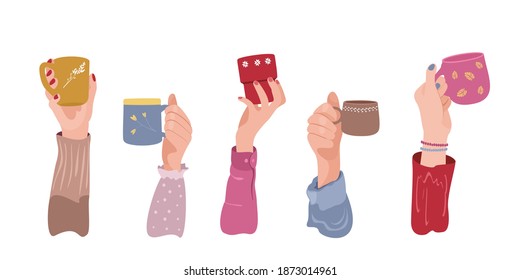 Many different hands holding multi colored cups of coffee or tea. Female and male hands. Hand drawn isolated vector illustration on white background.