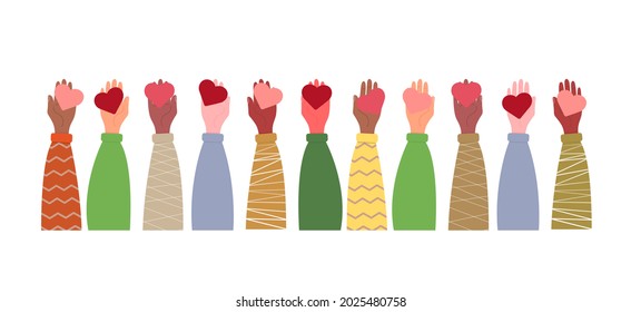 Many different hands, different people and nationalities, races, hold the heart in the palm of your hand. Vector illustration, flat cartoon color minimal design isolated on white background, eps 10.