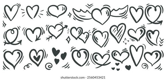 Many different hearts ink doodle set. Hand drawn heart shape icons collection. Graffiti style, romantic love symbol. Vector graphics
