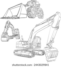 Many different heavy industrial machinery equipment at construction site parking area against warehouse building city infrastructure development.