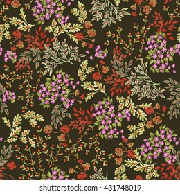 Many different herbs on a dark background. Seamless pattern. 