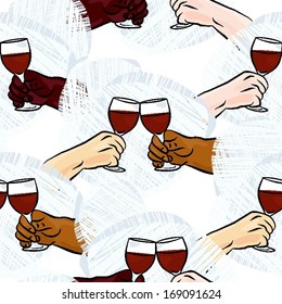 many different human hands with glasses of wine making toast colorful party holiday seamless pattern on white background
